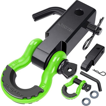 Carbon steel all-terrain tow hook kit, with extension hook and 3/4-inch D-ring.