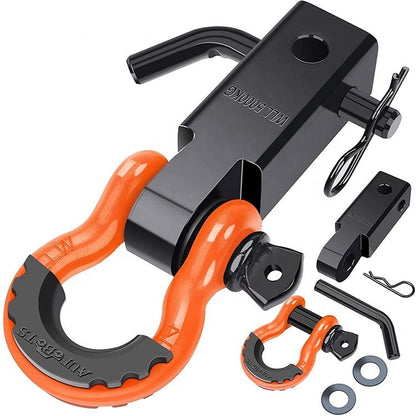 Carbon steel all-terrain tow hook kit, with extension hook and 3/4-inch D-ring.